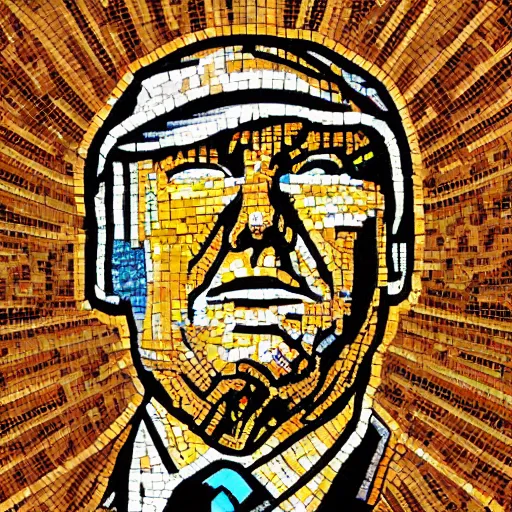 Prompt: portrait mosaic of trump with robot eyes, 4k, intricate details, digital, sun in the background