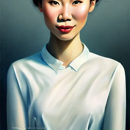 Image similar to beautiful portrait of an enthusiastic, dainty, slim, delighted vietnamese, ( waitress ) girl, stunning, intelligent, fashionable, vivid!!, sharp, crisp, ultra ambient occlusion, reflective, universal shadowing, fantasy art, extremely even lighting, art by wlop, vladimir kush!!, ilya, kevin hong!!, yasar vurdem