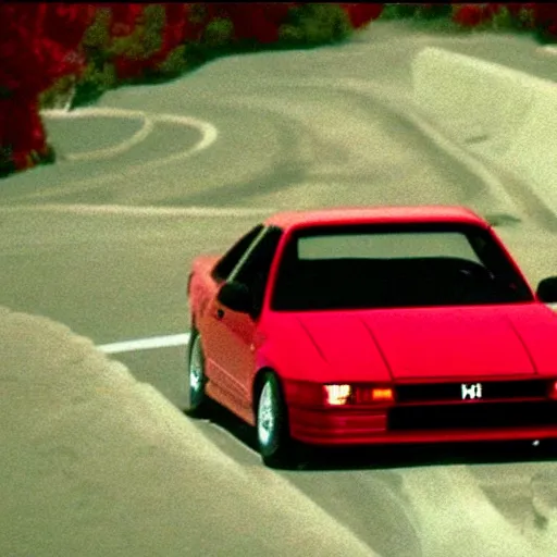 Prompt: stillframe of a 2 0 0 0 honda logo in dark red comor in the initial d series