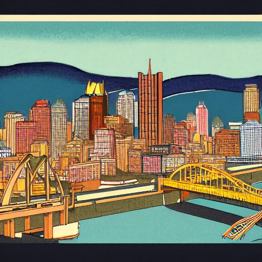 Image similar to city of pittsburgh in the style of hiroshi yoshida, hiroshi yoshida, shin - hanga