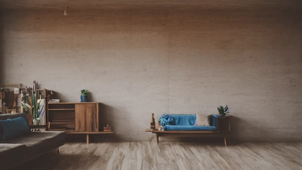 Image similar to dslr photograph of a living room, wooden floor, concrete wall