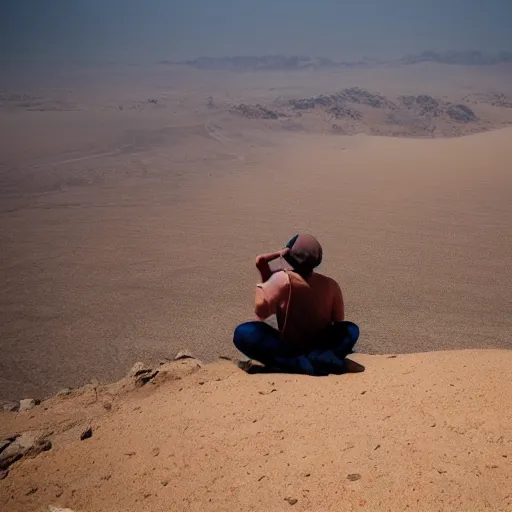 Image similar to man sitting on top peak mountain looking at huge vast sandstorm dust tornado desert