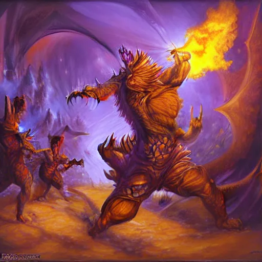 Prompt: ginger man in a purple t-shirt fights a fire breathing dragon in a room filled with dragon eggs, painted, by Chris Rahn, high fantasy