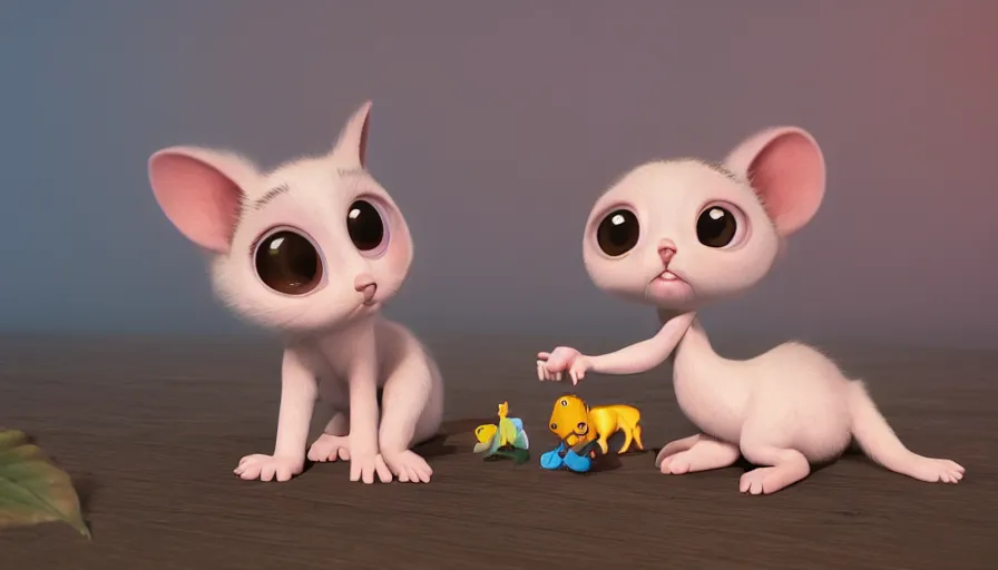 Image similar to very very very cute baby creatures by Max Kostenko and Bobby Chiu, wooden toys, disney, pixar, character design for animation, uplight, big disney eyes, symmetrical eyes, cuteness, 3d render, octane rendered, highly detailed, unreal engine, Trending on Artstation, octane render, 4k, 8k, HD