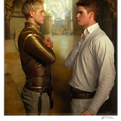 Image similar to attractive male, arthur pendragon who has blond hair confesses his love to attractive male, merlin who has dark hair. highly detailed painting by gaston bussiere, craig mullins, j. c. leyendecker 8 k