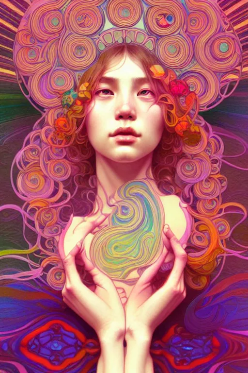 Image similar to beautiful psychedelic portrait, highly detailed, digital painting, artstation, sharp focus, illustration, art by tan zi and ayanamikodon and alphonse mucha and wlop