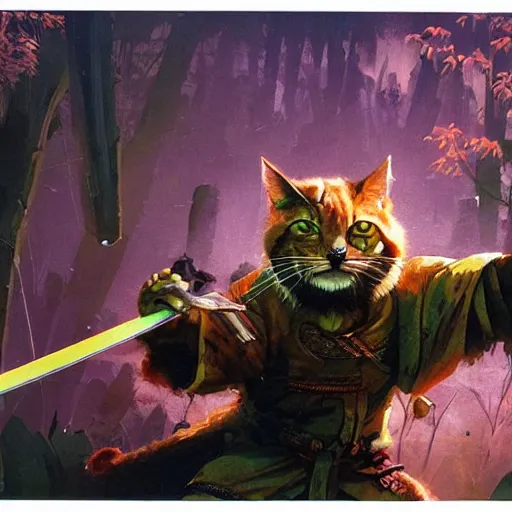 Image similar to a tabaxi!! samurai with dark orange fur and dark green glowing eyes, medium shot!, character illustration by Moebius! artstation, character concept art, John Berkey, Michael Whelan