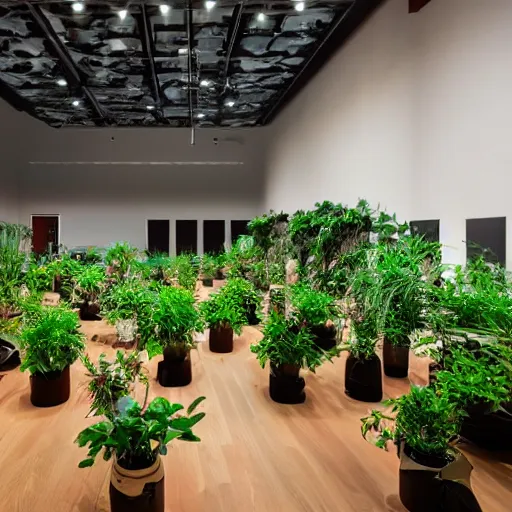 Prompt: a large room covered with plants and speakers