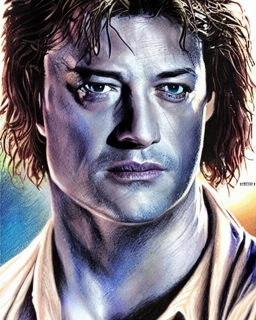 Prompt: brendan fraser in the mummy, airbrush, drew struzan illustration art, key art