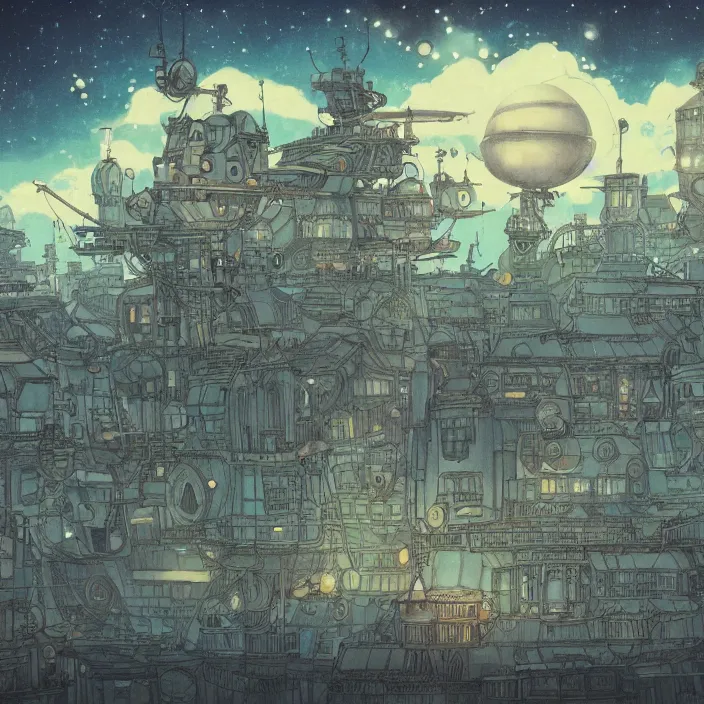 Prompt: a floating city in a night sky, with a steampunk aesthetic and dirigibles floating in the air. inspired by the works of Hayao Miyazaki, Laura Sighed, and Studio Ghibli. Aetherpunk, cityscape, detailed, high contrast, bright colors, inspired by Studio Ghibli, art by Laura Sighed, digital painting, 4k
