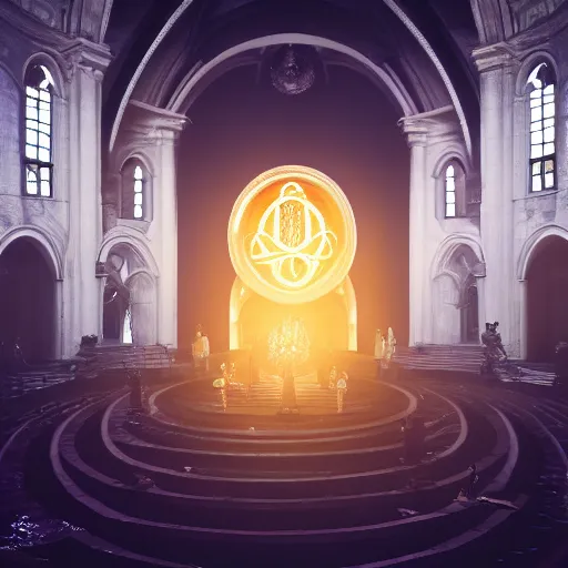 Image similar to center view photography of a group of priest in circle invoking an hyper realistic lovecraft creature portrait in a huge ritual portal in a church, 4 k, fantasy art, glamorous composition, wide - angle shot, cinematography lighting, volumetric fog, vivid colors, realistic, octane render, unreal engine