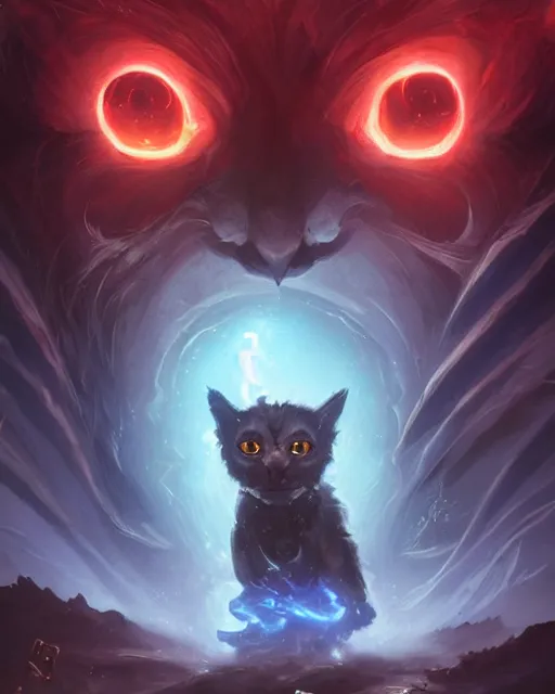 Image similar to Cat/Fog Elemental, glowing eyes, magic the gathering artwork, D&D, fantasy, cinematic lighting, centered, symmetrical, highly detailed, digital painting, artstation, concept art, smooth, sharp focus, illustration, volumetric lighting, epic Composition, 8k, art by Akihiko Yoshida and Greg Rutkowski and Craig Mullins, oil painting, cgsociety