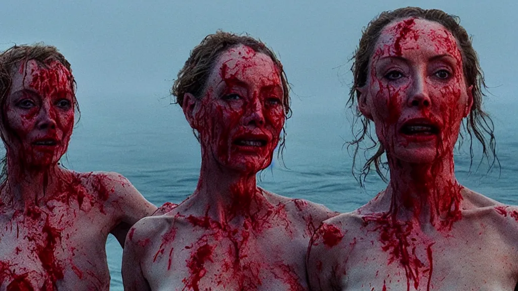 Image similar to close up photo of Helen McCrory and Annabelle Wallis coming out of the ocean, extreme detailed face, a blood portal on the background, film still from the movie directed by Denis Villeneuve with art direction by Zdzisław Beksiński, wide lens