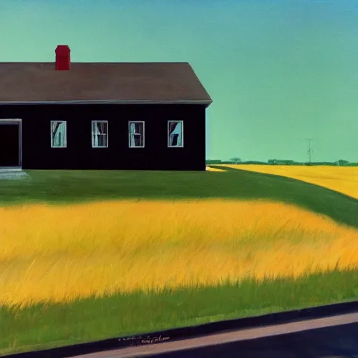 Prompt: a black 1990 Thunderbird super coupe parked in front of a rural farmhouse, painted by Edward hopper