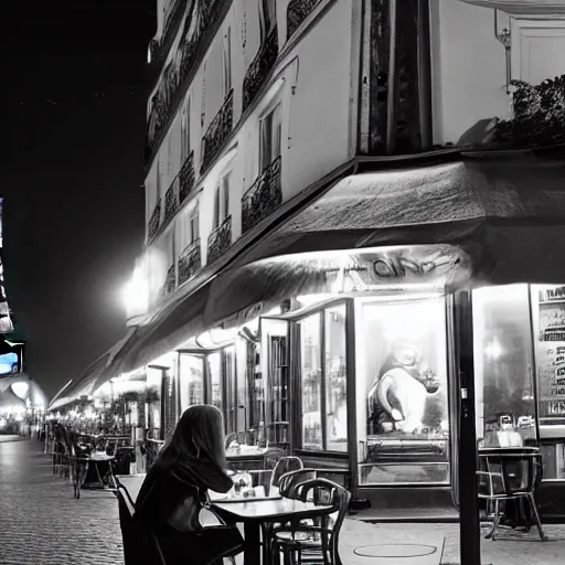 Image similar to a rabbit sitting outside a cafe in paris at night, the eiffel tower is visible in the background, black and white photograph