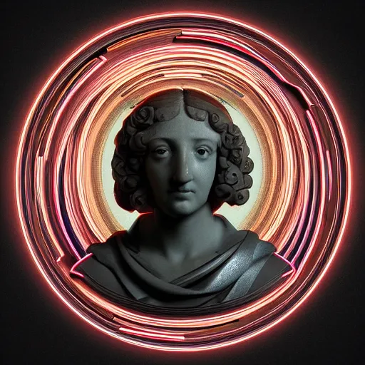 Prompt: a 3 d neon circle surrounding the head of a renaissance statue, 3 d render, black background, ray tracing, 8 k resolution, sharp focus, very detailed, hyper realistic