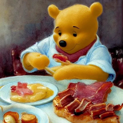 Image similar to close up of winnie the pooh with a plate of sausage and bacon and ham hock, cinematographic shot, by daniel f. gerhartz