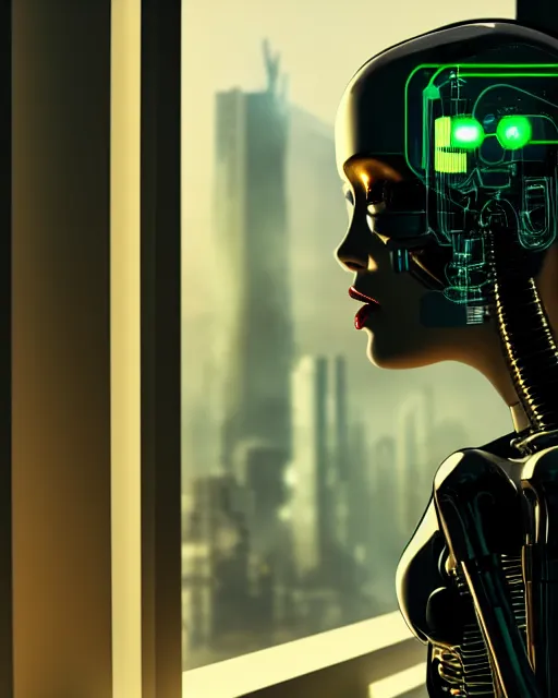 Image similar to a terminator cyborg lady with borg implants is drinking coffee near a window with dystopian city visible outside. tiny green led lights in her cybernetics. very detailed 8 k. horror cyberpunk style.