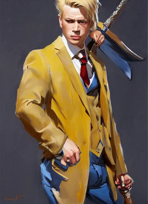 Image similar to greg manchess portrait painting of a blond man in a blue suit with a sword and a pistol, asymmetrical, profile picture, organic painting, sunny day, matte painting, bold shapes, hard edges, street art, trending on artstation, by huang guangjian, gil elvgren, ruan jia, randy vargas, greg rutkowski