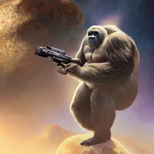 Image similar to detailed science - fiction character portrait of a silverback gorilla shooting a alien gun in space, intricate, wild, highly detailed, digital painting, artstation, concept art, smooth, sharp focus, illustration, art by artgerm and greg rutkowski and alphonse mucha