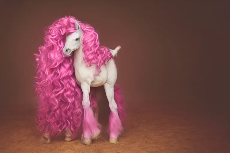 Image similar to Pinkie Pie equine, back towards camera, facing away, professional photography and mood lighting, equine photo, sitting down, flowing mane and tail, relaxed expression