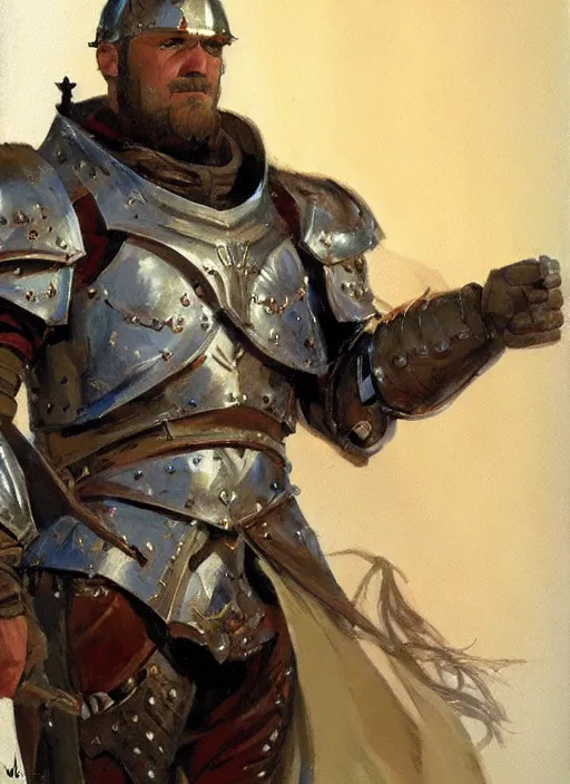 Prompt: a highly detailed paladin portrait with armour, fantasy, by gregory manchess, james gurney, james jean