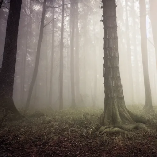 Image similar to eldritch horror emerging from the ground in a hauntend forest, foggy mysterious, creepy, cinematic, dramatic, 8k, horror, highly detailed, sharp focus, dynamic lighting, photograph, texture, giant scale