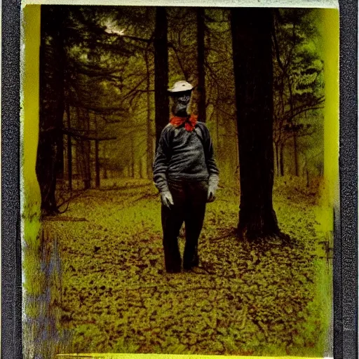 Image similar to the yellow dog man, creepypasta, old colored polaroid, 1 9 2 0's, liminal, foggy forest