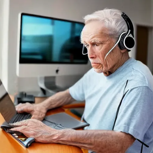 Image similar to A colored colorized real screenshot of Jerma985 as an elderly guy streaming on his computer while wearing headphones, taken in the early 2020s, taken on a 2010s Camera, realistic, hyperrealistic, very realistic, very very realistic, highly detailed, very detailed, extremely detailed, detailed, digital art, trending on artstation, headshot and bodyshot, detailed face, very detailed face, very detailed face, real, real world, in real life, realism, HD Quality, 8k resolution, intricate details, colorized photograph, colorized photon, body and headshot, body and head in view