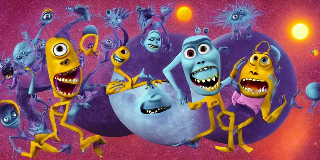 Prompt: total solar lunar eclipse occult monsters inc dance ritual, detailed facial expression, surrealism aesthetic