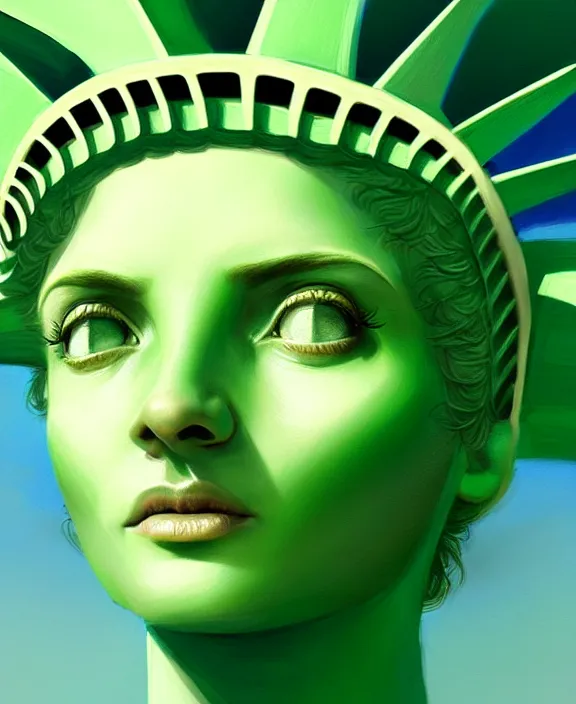 Prompt: cute woman dressed as statue of liberty, perfect face, symmetrical eyes, green skin, cinematic, stunning, elegant, highly detailed, psychedelic, digital painting, artstation, smooth, hard focus, illustration, art by jessica rossier and and brian froud