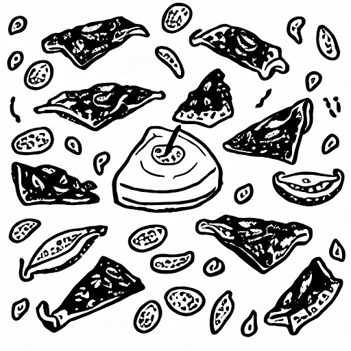 Image similar to drawing of nachos with cheese and jalapeno illustrations, white background, drawing, cartoon, in the style of shyama golden