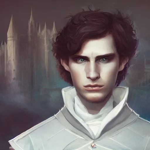 Prompt: close up of a regal prince surrounded by a crowd of angry people. the prince has sharp cheekbones, white clothes, high collar, wistful melancholic hopeful expression. super details, modern digital art, matte painting, science fiction