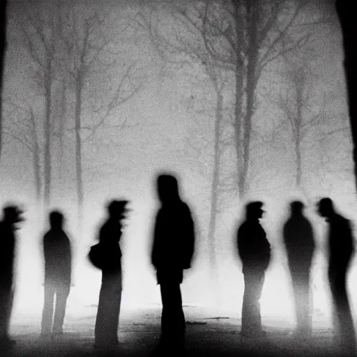 Image similar to ghostly silhouettes of random people poses taken with soviet flash camera