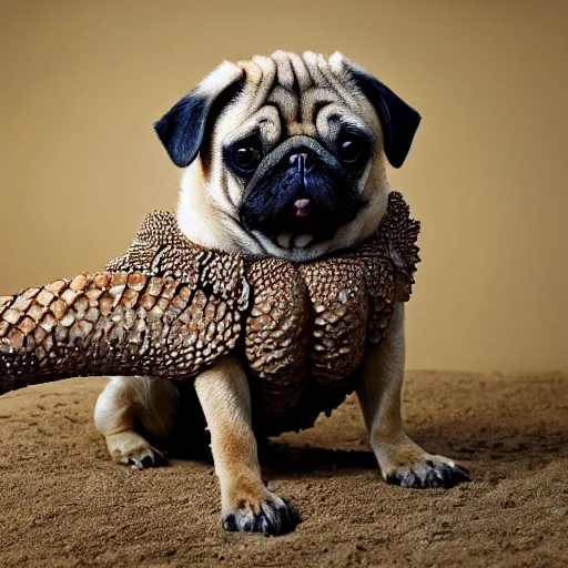 Image similar to a Pug with the armor of a pangolin, national geographic photograph