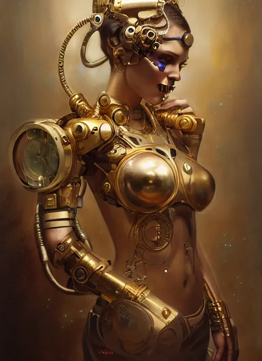 Image similar to hyper realistic girl cyborg with gold skull head hornment, magical, gems, jewels, gold, steampunk, cyberpunk utopia, painted by tom bagshaw, mucha, gaston bussiere, craig mullins, j. c. leyendecker 8 k