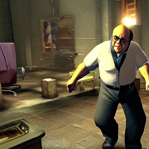 Image similar to videogame screenshot of danny devito in the darkness 2 ( 2 0 1 2 )