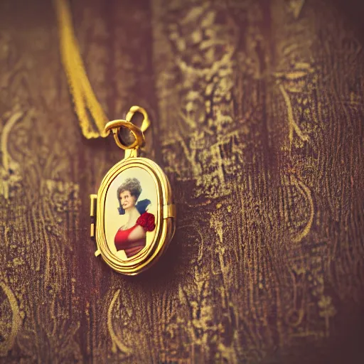 Image similar to hand holding an open golden locket pendant with a retro photo of an elegant and aesthetic woman portrait, on a forest background with bokeh. Retro. Antique. High quality 8k. Intricate. Graflex camera. Award winning