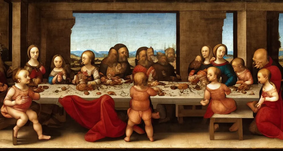 Image similar to a Renaissance painting in the style of Leonardo da Vinci of a symmetrical long table. A group of babies and toddlers are sitting at the table