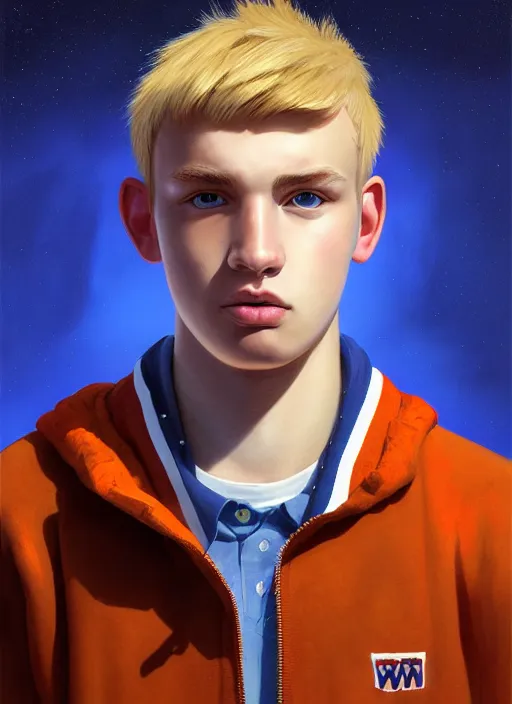 Image similar to portrait of high school senior boy named big moose, blonde short hair, jock, beefy, wide face, square jaw, square facial structure, blue varsity jacket with his name, intricate, elegant, glowing lights, highly detailed, digital painting, artstation, concept art, sharp focus, illustration, art by wlop, mars ravelo and greg rutkowski