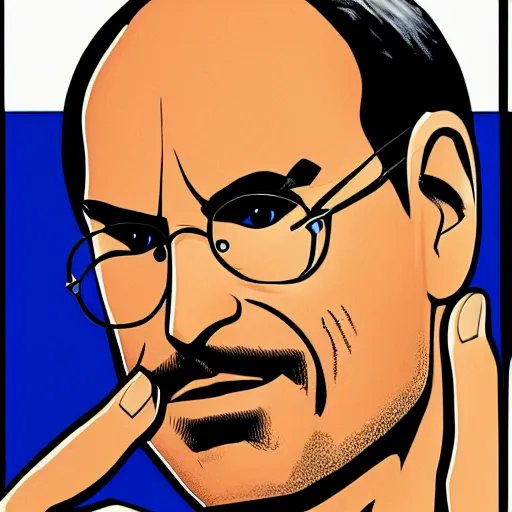 Prompt: comic book art of Steve Jobs thinking, apple, highly detailed, pop art