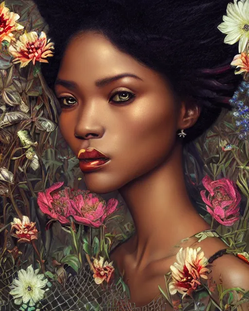 Image similar to portrait of the african queen of the underworld, surrounded by flowers by karol bak, james jean, tom bagshaw, rococo, sharp focus, trending on artstation, cinematic lighting, hyper realism, octane render, 8 k, hyper detailed.