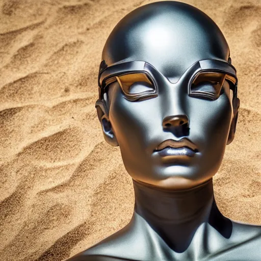 Image similar to the head of a marble cybernetic lady justice statue wearing a virtual reality headset on ground covered in sand, cyberpunk background, highly detailed, epic lighting, hyper photorealism, 8 k