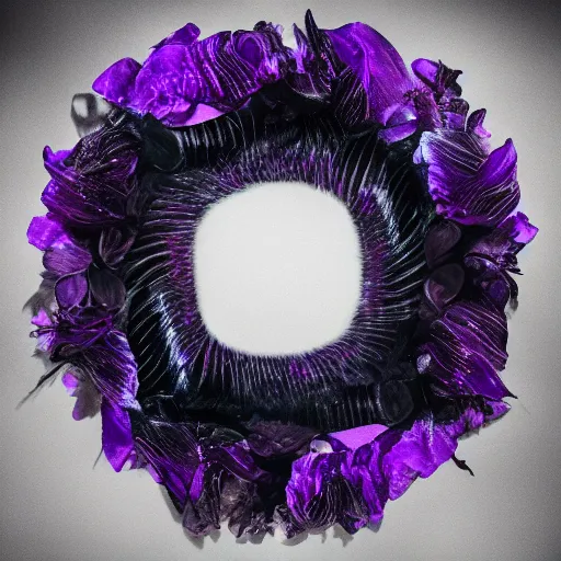Prompt: Deep imprint flower core, our ouroborous devours it's tail by Rick Baker, black, neon purple, Hyperreal, Photographed in the Style of Annie Leibovitz, Studio Lighting