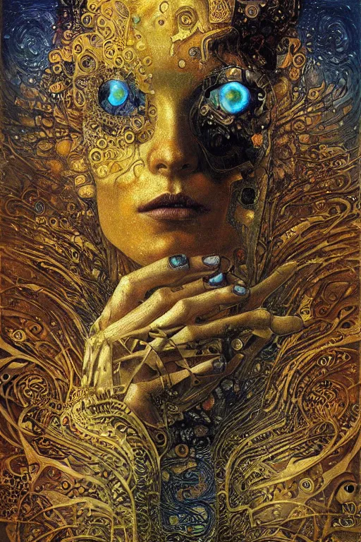 Image similar to Machinery of Fate by Karol Bak, Jean Deville, Gustav Klimt, and Vincent Van Gogh, enigma, otherworldly, fractal structures, arcane, ornate gilded medieval icon, third eye, spirals