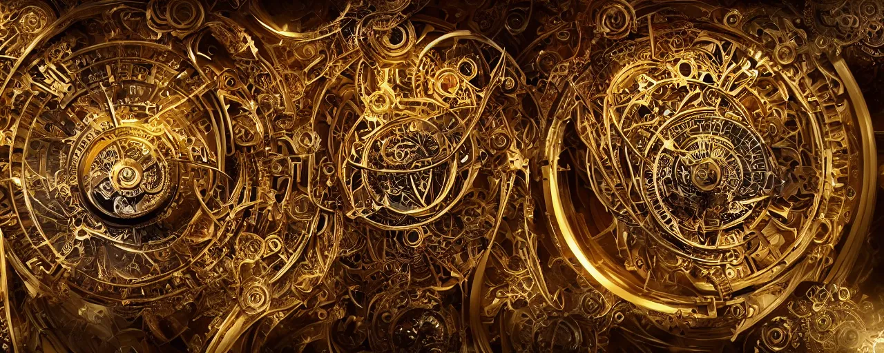 Prompt: dynamic composition, intricate layered golden clockwork machine with cogs, super detailed, by karol bak, jean deville, and jesse king, otherworldly, fractal structures, arcane, clockface, inscribed runes, ornate gilded cosmic machine, spirals, featured on cgsociety, unreal engine, 8 k, cinematic lighting