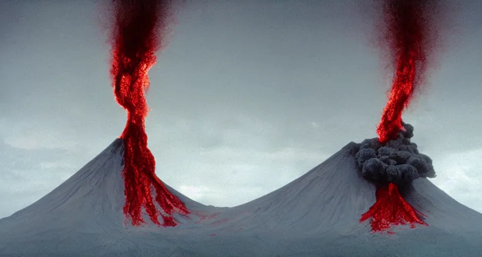 Prompt: a volcano made of ivory vines and crimson rocks enters in eruption, it spits a smoke in the shape of demonic eye, by Gottfried Helnwein