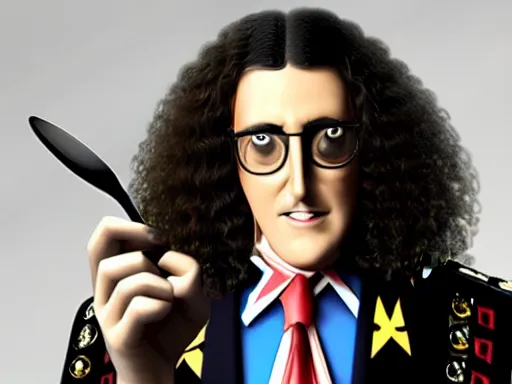 Image similar to weird al sentimentally looking at a spoon on a table