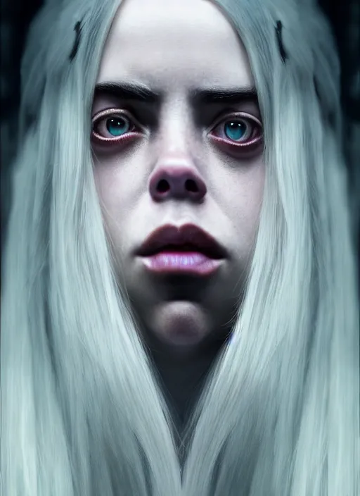 Image similar to Billie Eilish as female loki by, hyper detail, hyper realistic, octane render, noir, gorgeous symmetrical face, elegant, intricate, studio lighting, by Greg rutkowski