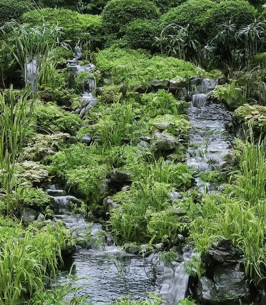 Image similar to a garden, in which there is a flowing water sculpture made of bamboo, garden landscape and symmetrical landscape ， by andre le notre ， trending ，